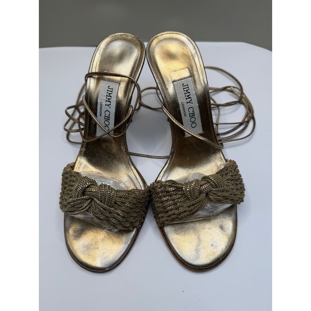 Jimmy Choo gold metallic strappy heeled sandals knotted detail Sz 36 1/2"